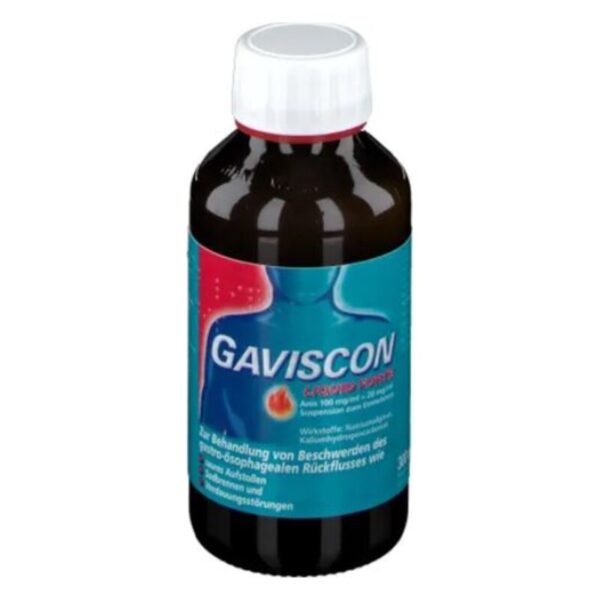 Braune Glasflasche mit weißem Schraubverschluss und blauer Etikettgestaltung für Gaviscon zur Behandlung von Sodbrennen.