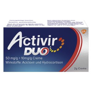 Verpackung von Activir DUO Creme, 50 mg/g Aciclovir und 10 mg/g Hydrocortison, 2 g Tube.