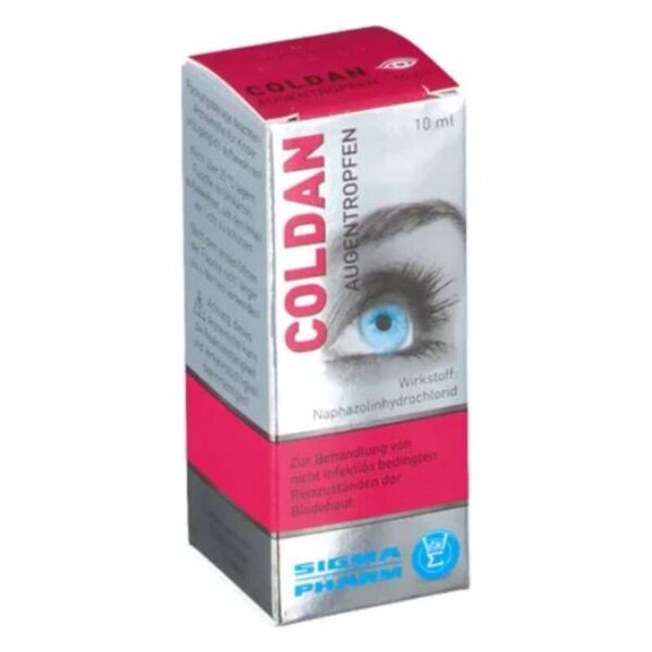 Packung für Coldan Augentropfen, 10 ml, mit abgebildetem Auge und Wirkstoffbeschreibung auf der Vorderseite.