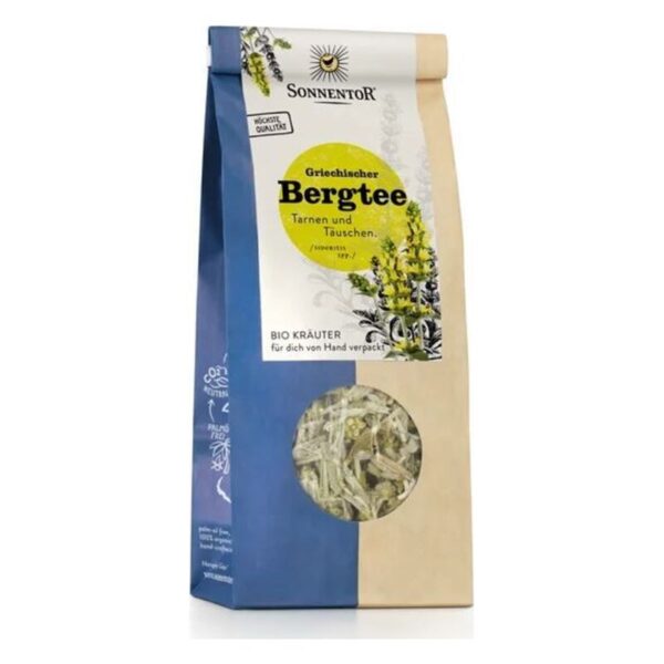 Verpackung von griechischem Bergtee in einem Hochformat-Beutel mit Fenster und buntem Etikett von Sonnentor.