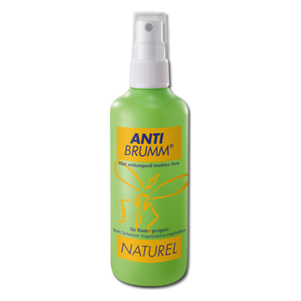 Grüne Sprühflasche mit Anti-Brumm Insektenschutzmittel, für Kinder geeignet, mit gelbem Aufdruck und Abbildung einer Libelle.