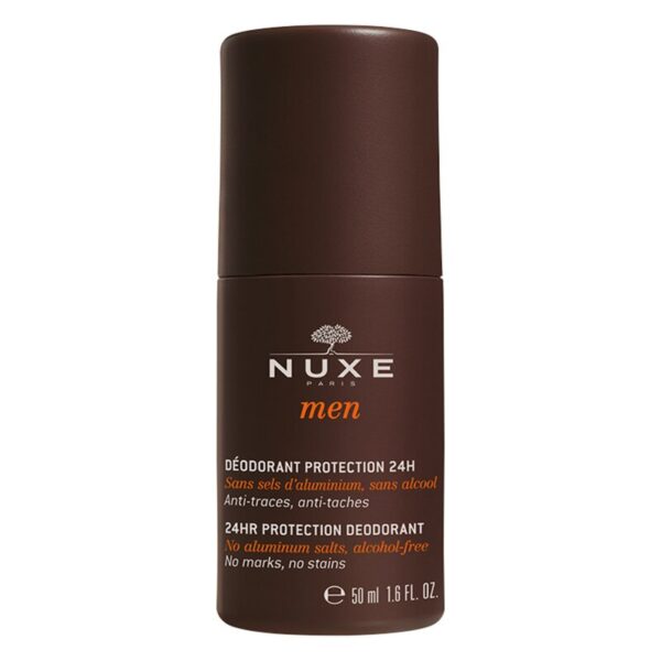 Brauner roll-on Deodorant von Nuxe für Männer, 50 ml, alkoholfrei, 24-Stunden-Schutz, ohne Aluminiumsalze.
