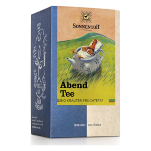 Verpackung von Sonnenstor Abendtee mit einer Teekanne und einer Henne auf der Vorderseite, biologischer Kräuter-Früchtetee.