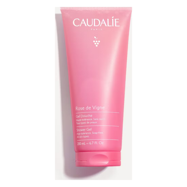 Rosa Kunststofftube mit Duschgel von Caudalie, beschriftet mit "Rose de Vigne" und Hinweisen zur Hautverträglichkeit.