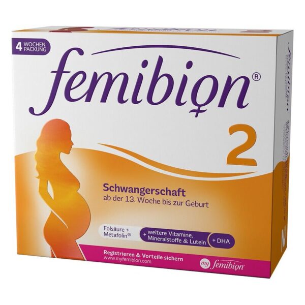 Verpackung von femibion 2 für Schwangere ab der 13. Woche, enthält Folsäure und Metafolin.