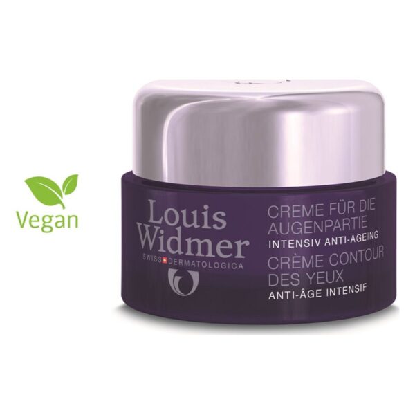 Lila Augencreme von Louis Widmer in einem Tiegel mit silbernem Deckel, vegan, intensiv gegen Augenalterung.