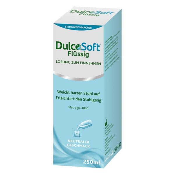 Verpackung von DulcoSoft Flüssig, einem Stuhlweichmacher in einer blauen Flasche mit neutralem Geschmack.