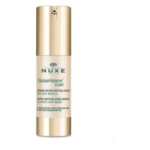 Goldfarbener Pflege-Serumflakon von NUXE mit spitzem Sprühkopf, für die Anti-Aging-Hautpflege.