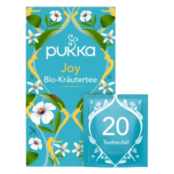 Verpackung von Pukka Joy Bio-Kräutertee mit floralem Design und einer Übersicht über 20 Teebeutel.