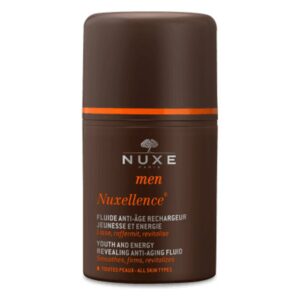 Brauner Flakon mit orangefarbenem Deckel, enthält Anti-Aging-Fluid für Männer von NUXE, mit jugendlich wirkender Formel.