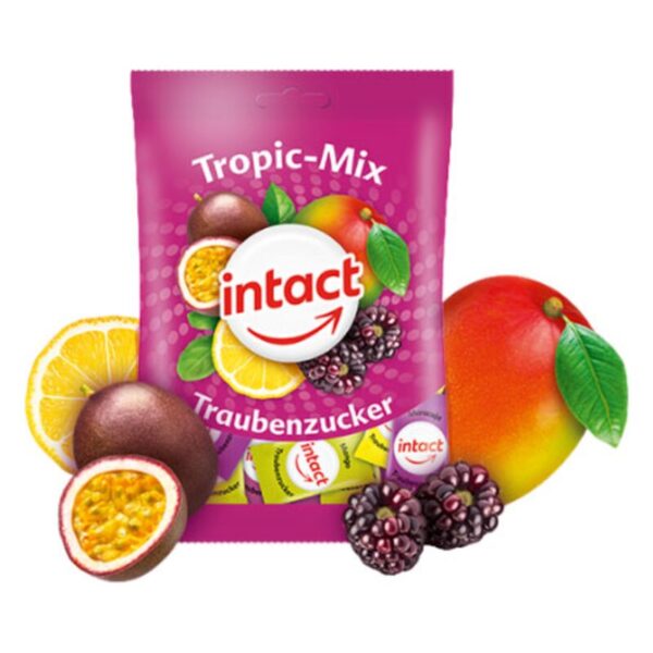 Verpackung von Tropic-Mix Traubenzucker mit Früchten wie Mango, Passionfruit, Zitrone und Brombeeren umgeben.