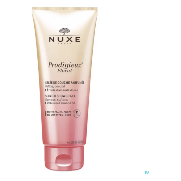 Parfümierte Duschgel-Tube von NUXE in gold-rosa, mit süßem Mandelöl für alle Hauttypen.