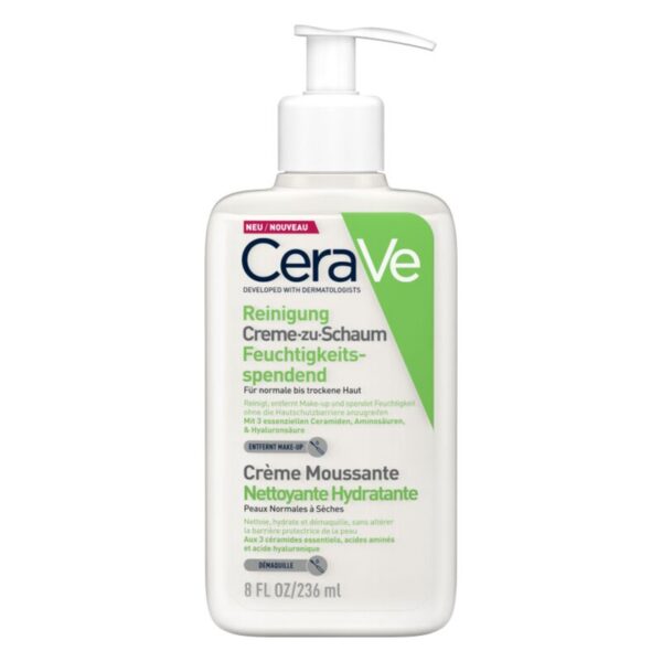 Flasche mit CeraVe Reinigung Creme-zu-Schaum, feuchtigkeitsspendend für normale bis trockene Haut.