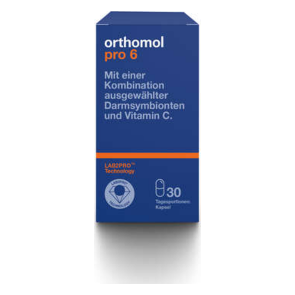 Verpackung von orthomol pro 6 mit Angaben zu Darmsymbionten und Vitamin C, blaues Design mit orangefarbenem Akzent.