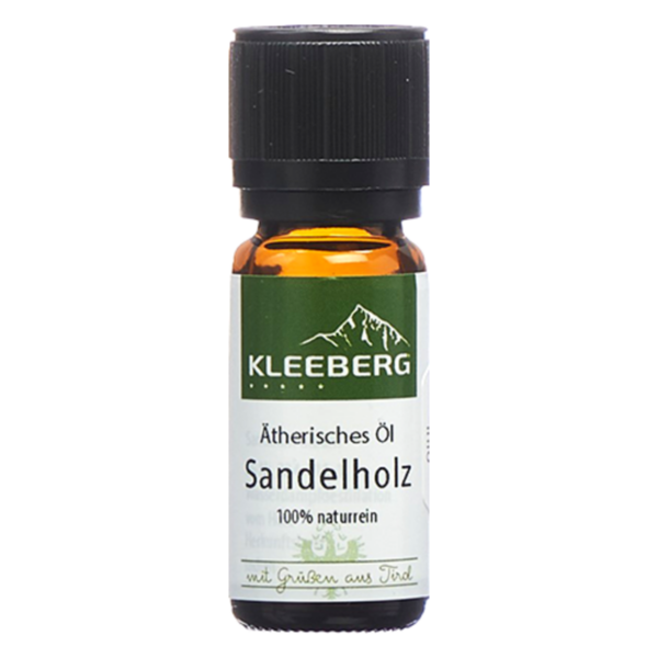 Braune Flasche mit schwarzem Deckel, beschriftet mit "Ätherisches Öl Sandelholz, 100% naturrein" von Kleeberg.