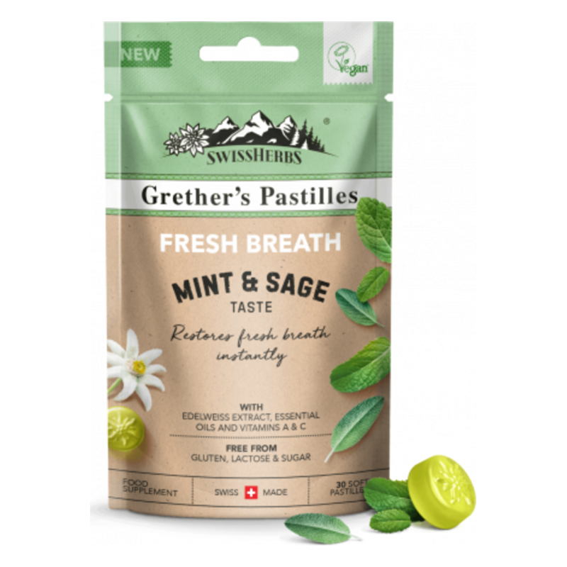 Verpackung von Grether's Pastillen mit dem Geschmacksrichtung Minze & Salbei, vegan und frei von Gluten, Laktose und Zucker.