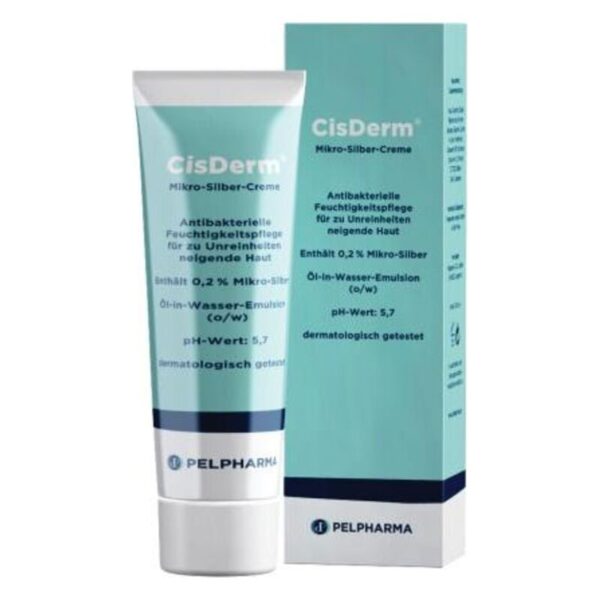 CisDerm Mikro-Silber-Creme in einer Tube und Verpackung, antibakterielle Feuchtigkeitspflege für zu Unreinheiten neigende Haut.