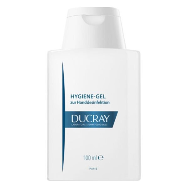 Flasche mit Hygiene-Gel zur Handdesinfektion von Ducray, 100 ml, mit weißem Etikett und blauer Schrift.