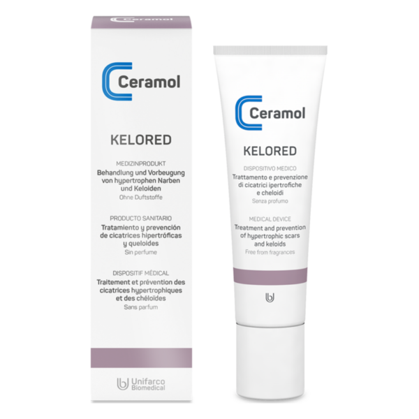 Verpackung eines medizinischen Produkts zur Behandlung von hypertrophen Narben, ohne Duftstoffe, in Tube und Karton.