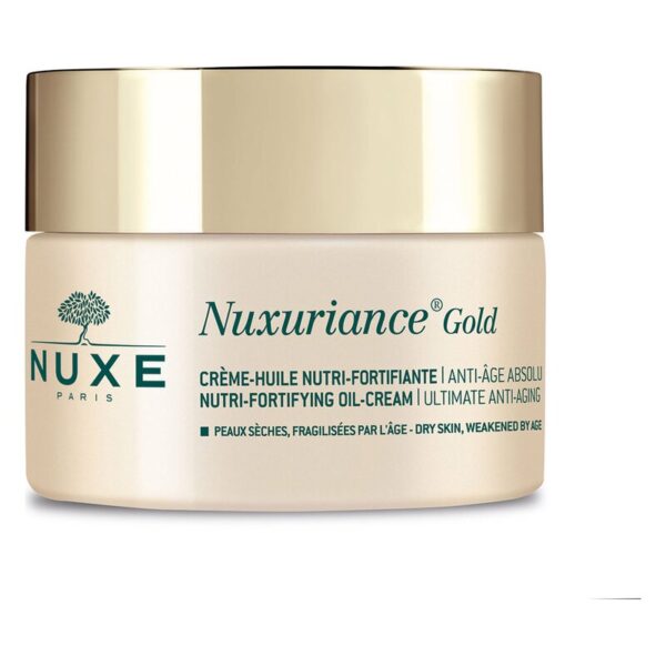 Nuxe Nuxuriance Gold Creme-Öl in einem runden, hellen Tiegel mit goldfarbenem Deckel und grüner Schrift.