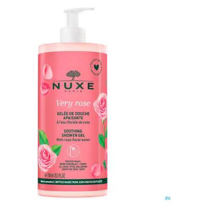 Rosa Duschgelflasche mit Pumpverschluss, verziert mit Rosenmotiven und der Aufschrift 'Very rose' von NUXE.