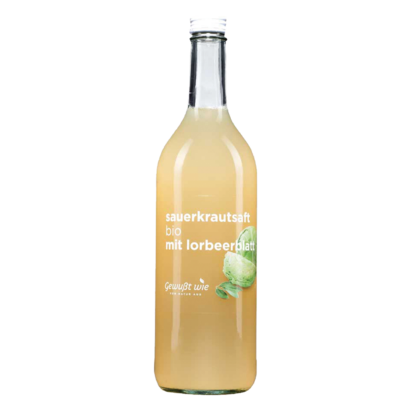 Flasche mit Bio-Sauerkrautsaft, beschriftet mit "bio sauerkrautsaft mit lorbeerblatt" und einem grünen Blattmotiv.