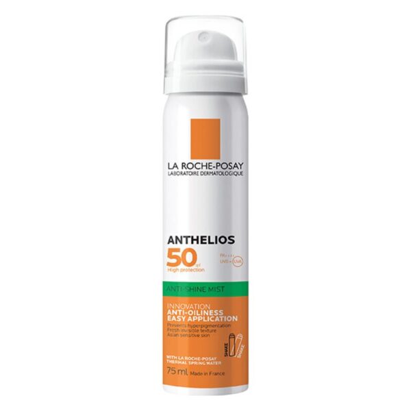 Sprühflasche mit Sonnenschutzmittel der Marke La Roche-Posay, 75 ml, für hohe UV-Schutzleistung und mattierende Eigenschaften.
