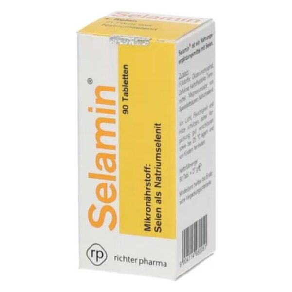 Packung mit 90 Tabletten des Mikronährstoffs Selamin, enthält Natriumselenit, von Richter Pharma.