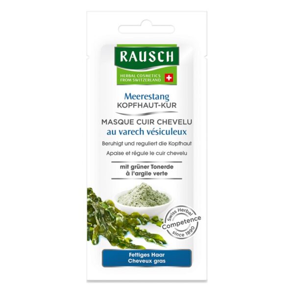 Schmaler Beutel mit Rausch Meerestang Kopfhaut-Kur, beschreibt Anwendung für fettiges Haar.