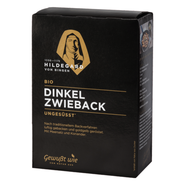 Schwarze Verpackung mit dem Aufdruck "Bio Dinkel Zwieback ungesüßt" und einem Bild von Hildegard von Bingen.