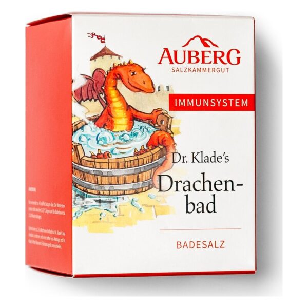 Verpackung von Dr. Klade's Drachenbad mit einem gezeichneten Drachen in einem Holzbottich.