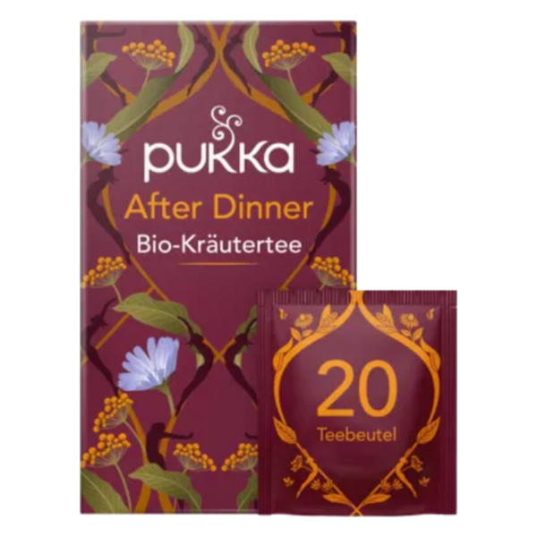 Verpackung von Pukka After Dinner Bio-Kräutertee, violett mit floralem Design und Teebeutel-Informationen.