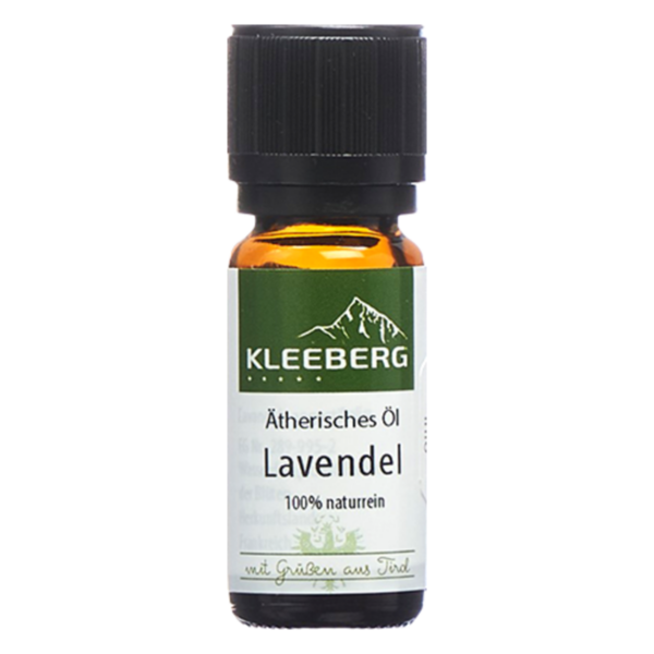 Braune Glasflasche mit schwarzem Deckel, gefüllt mit 100% reinem ätherischem Lavendelöl von Kleeberg.