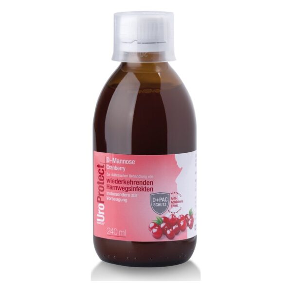Braunfarbener Sirup in einer durchsichtigen Flasche mit weißem Deckel und roter Beschriftung zur Behandlung von Harnwegsinfekten.