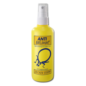 Gelbe Flasche mit Sprühverschluss von Anti Brumm, gegen Zecken mit Langzeitschutz.