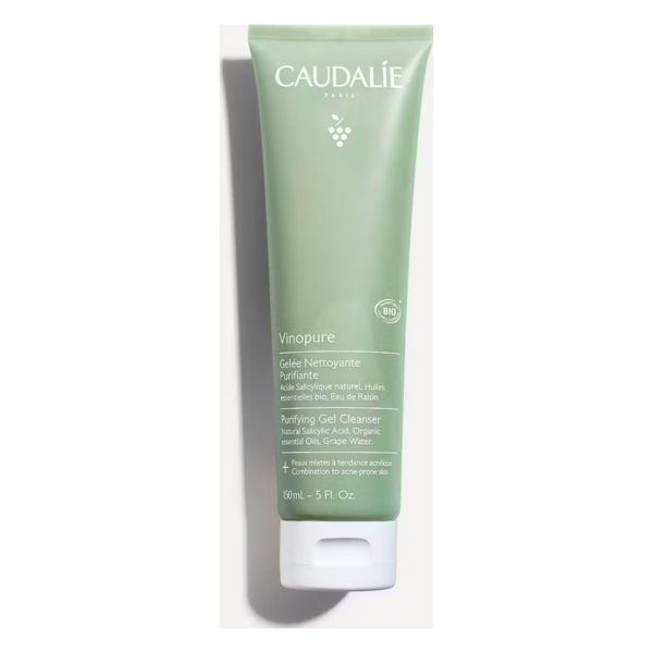 Reinigendes Gel von Caudalie in einer grünen Tube, 150 ml, mit natürlichen Inhaltsstoffen für unreine Haut.