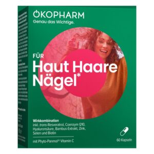 Verpackung von OKOPHARM für Haut, Haare und Nägel mit vornehmlichem Grün, rosa Akzent und Inhaltsstoffen wie Biotin.