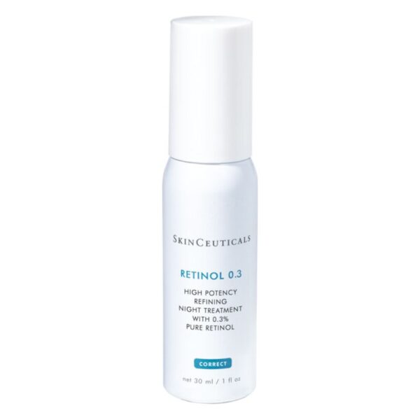 Ein Flakon mit Retinol 0.3 von SkinCeuticals, ausgestattet mit einem weißen Deckel, der eine nächtliche Hautpflegebehandlung darstellt.