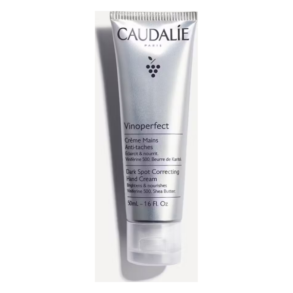 Tube einer Handcreme mit der Bezeichnung Vinoperfect zur Korrektur von dunklen Flecken, Inhalt 50 ml.