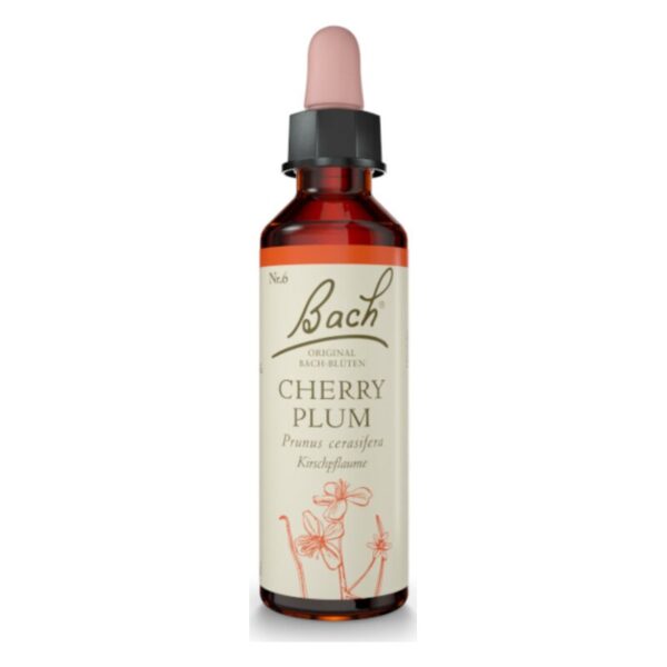 Flasche mit Bachblütenmittel Cherry Plum, braunglasig, mit Pipette und beiger Etikettierung.