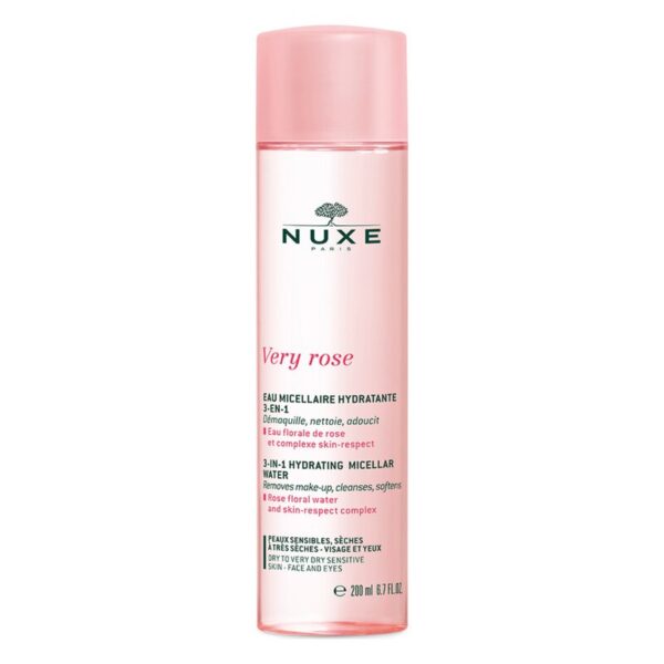 Flasche mit micellar Wasser von NUXE in rosa Verpackung, 200 ml, für Gesicht und Augen, sanft reinigend.
