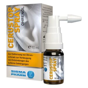 Cerustop Spray zur Entfernung von Ohrenschmalz in einer 10 ml Flasche mit Sprühaufsatz und Verpackung.