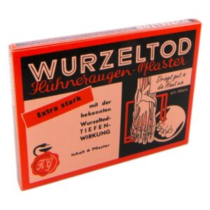 Verpackung eines Wurzeltod-Hühneraugen-Pflasters mit Grafik und Beschreibung der Anwendung.