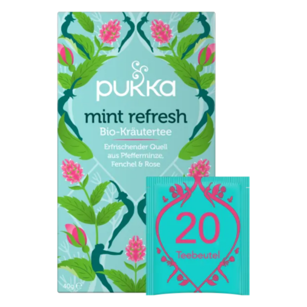 Verpackung von Pukka Bio-Kräutertee "mint refresh" mit floralem Design und 20 Teebeuteln für erfrischenden Genuss.