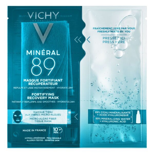 Verpackung eines feuchtigkeitsspendenden Gesichtsmaske mit mineralisierendem Wasser und Hyaluronsäure, in Blau gehalten.