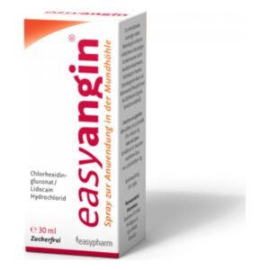 Verpackung des easyangin Sprays zur Anwendung in der Mundhöhle, 30 ml, zuckerfrei, mit Inhaltsstoffen