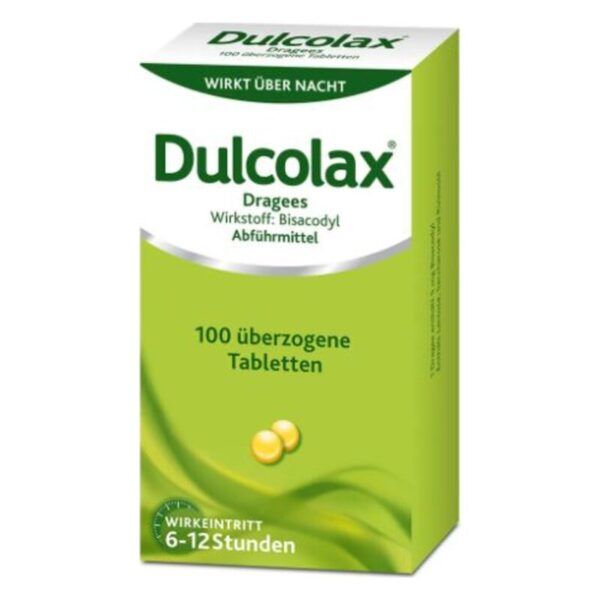 Dulcolax Dragees in einer grünen Verpackung, enthalten Bisacodyl als Abführmittel, Wirkungseintritt 6-12 Stunden.