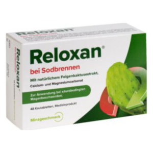 Verpackung von Reloxan, einem Mittel gegen Sodbrennen mit Feigenkaktus, Calcium und Magnesium, für 48 Kautabletten.