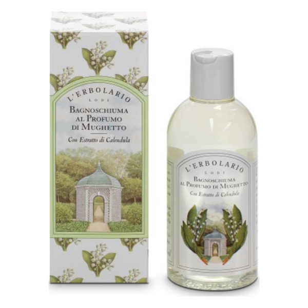 Flasche mit Duschgel in transparenter Verpackung, umgeben von einer dekorativen, floral gestalteten Box.