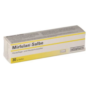 Verpackung einer Mirfulan-Salbe in einer schlanken Tube mit gelben Akzenten und detaillierten Produktinformationen.